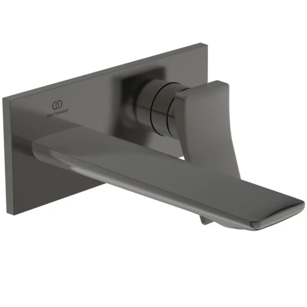Wand-Waschtischarmatur in Magnetic Grey von Ideal Standard mit eckiger Rosette und einem Auslauf von 180 mm. Modernes Design und funktionale Bedienung.
